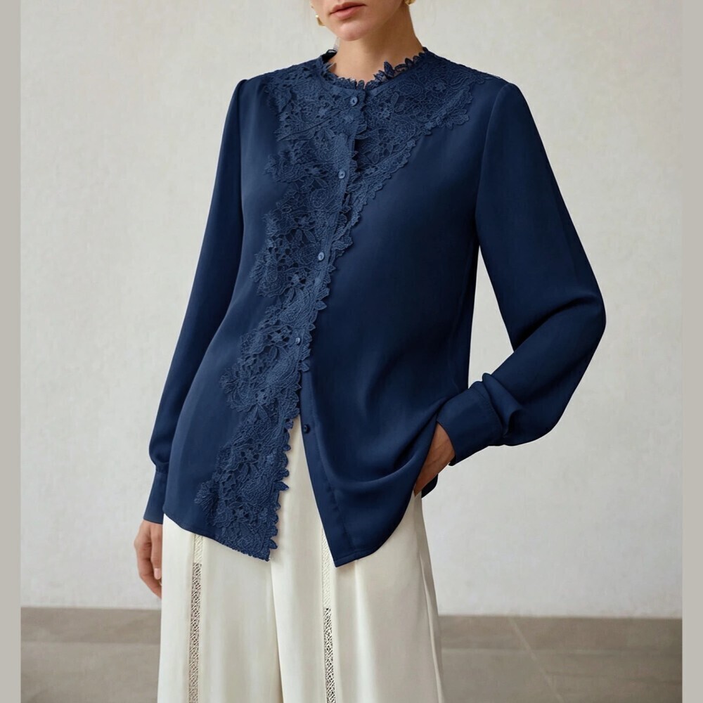 Navy Blue Asymmetric Lace Trim Button Front Long Sleeve Blouse